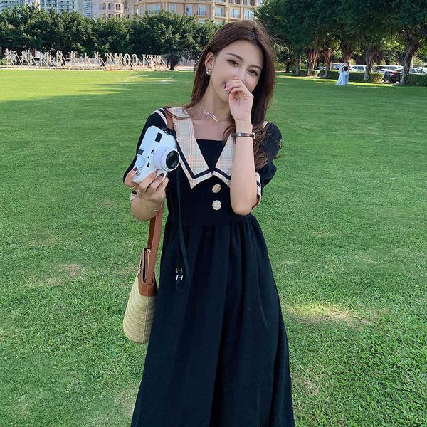 

large 2021 women's black drs gentle wind long skirt fat mm waist show thin temperament short sleeve, Black;gray