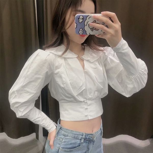 

women's blouses & shirts 2021 spring and autumn style of french design with short v-low white flounded shirt cleavage for women