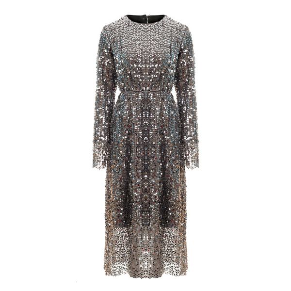 

glitter elegant club party o neck gray sequined bling long sleeve knee length autumn spring dress d0906 210514, Black;gray