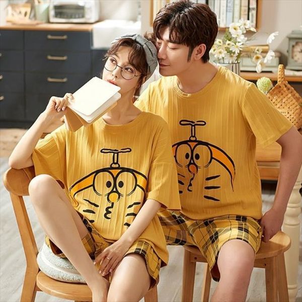 

doraemon couple pajamas set summer women sleepwear cotton and men short sleeve home wear fashion yellow cartoon nightwear, Black;red