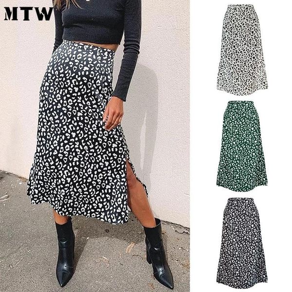 

skirts spring women high waist chiffon skirt 2021 vintage zipper office split leopard print long, Black