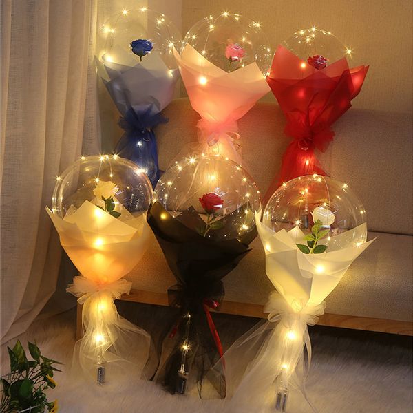 Ballon-Blumenstrauß, Geschenk, Neuheit, Beleuchtung, DIY, rosafarbene Rosen-Blumensträuße, leuchtende Luftballons, Hochzeit, Heimdekoration, Geburtstag, Freundinnen, Bobo-Luftballons mit Lichtern