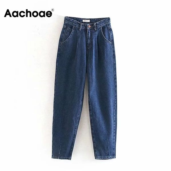 

aachoae women streetwear pleated mom jeans high waist loose slouchy pockets boyfriend pants casual ladies denim trousers 211129, Blue