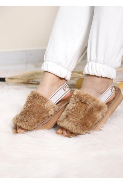 

slippers women's beige rear tire detailed plush home slipper, Black
