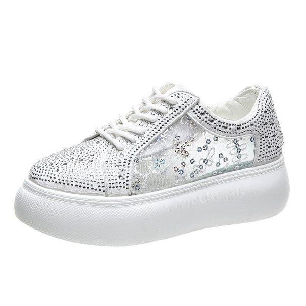 

fashion brand women's small white shoes spring mesh inlaid diamond lace up thick soled leisure sandals, Black