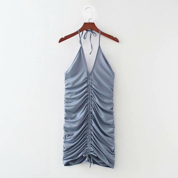 

casual dresses women summer pleated mini dress 2021 fashion sleeveless spaghetti strap bandage v-neck female elegant party clothes, Black;gray