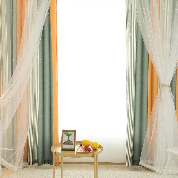 

modern orange grey stripe blackout curtain double-layer gauze for living room kids window tulle curtains & drapes