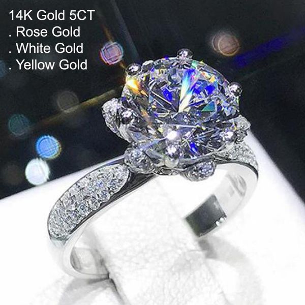 

cluster rings 14k white gold 5 moissanite diamond ring women crown rose flower wedding party engagement anniversary ct d color, Golden;silver