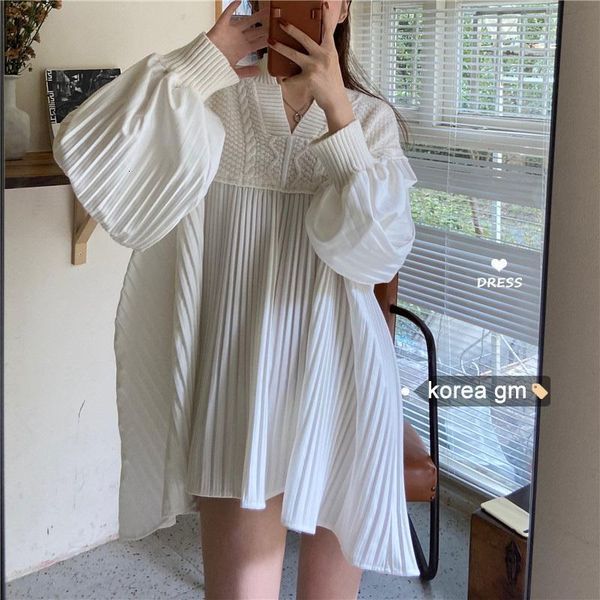 

casual dresses [ewq] spring pleated loose vestidos femme korean knitted patchwork causal puff sleeve v-neck women dress 72mz, Black;gray
