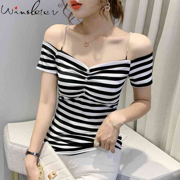 

women's t-shirt summer korean style cotton fashion off collar striped shiny diamonds chain women short sleeve tees t1522, White