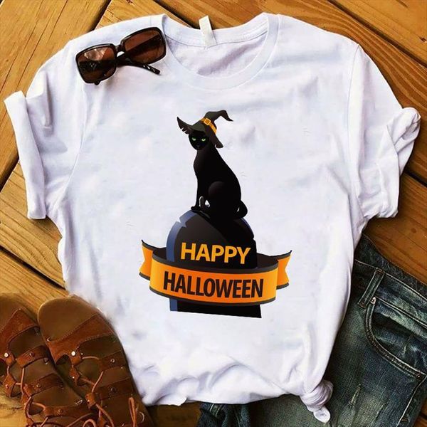

happy halloween black cat printed womens tee clothes graphic, White