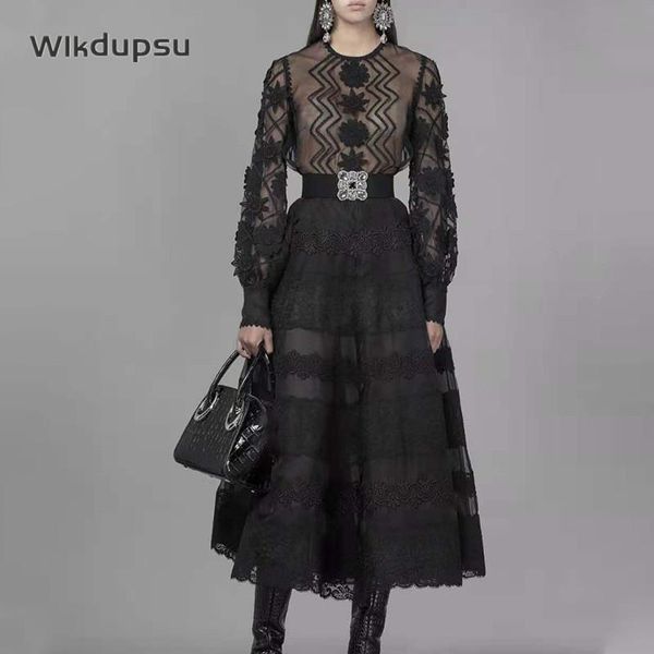 

vintage long sleeve dress for women black white lace luxury runway designer fashion celebrity maxi dresses vestidos casual, Black;gray