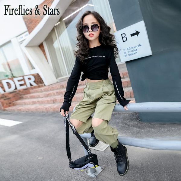 

spring autumn girls 2 pcs set baby t shirt + cargo pants kids suit children streetwear clothes letter ripped hole 4 to 14 yrs clothing sets, White