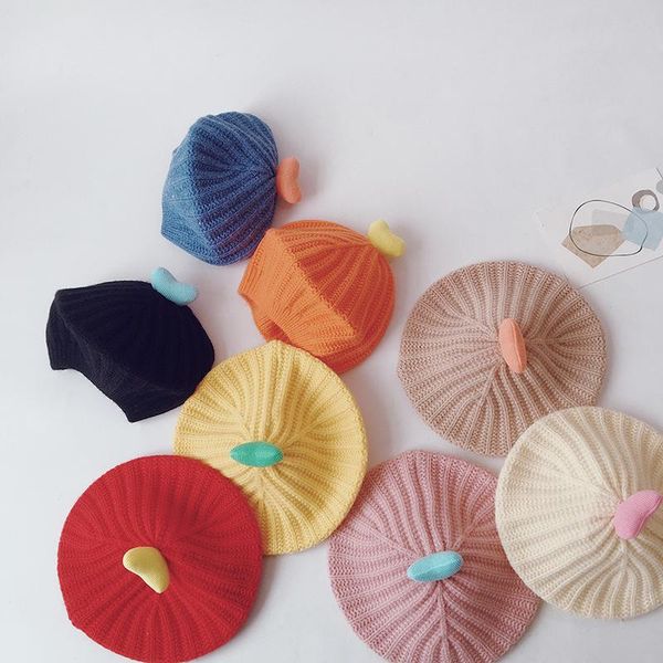 

autumn and winter girl hat korean knit little love painter fashion wild pure color beret berets, Blue;gray