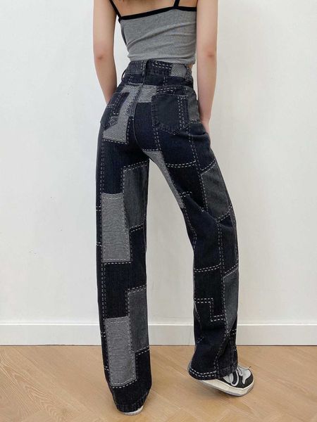 

fashion jeans patch stitching high waist women's loose and slim pants, Blue