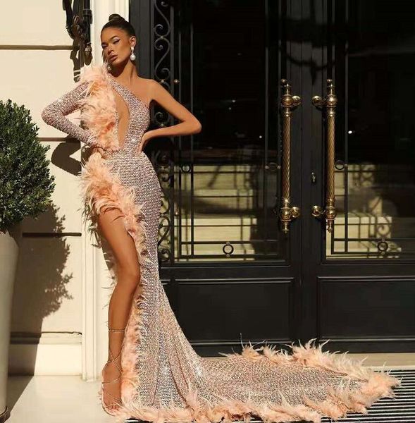 

women dress yousef aljasmi evening dress one shoulder silver crystal feather mermaid split long labourjoisie kim kardashian kylie jenner, Black;pink