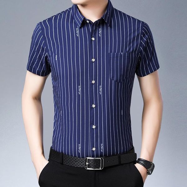 

men's casual shirts high-quality luxury business short-sleeved shirt young and middle-aged vertical striped letters korean, White;black