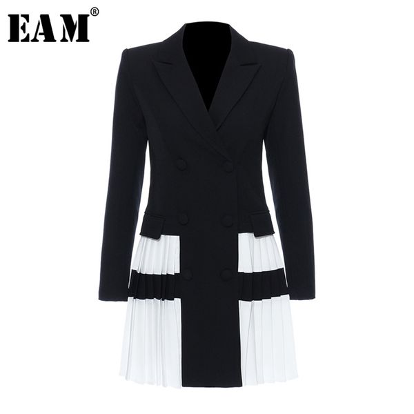 

[eam] women black contrast color pleated blazer lapel long sleeve loose fit jacket fashion spring autumn 1t306 211006, White;black