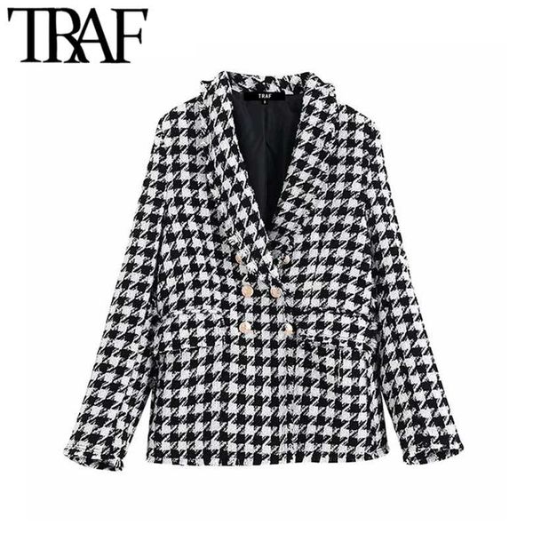 

traf women vintage houndstooth double breasted blazer coat fashion long sleeve frayed trims outerwear chic plaid jacket 211006, White;black