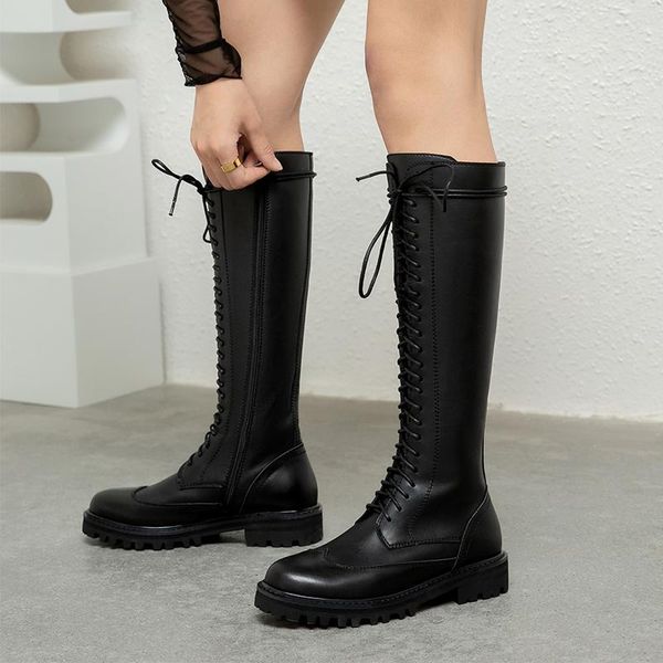 

boots 2021 winter high-end handmade custom first layer cowhide round toe flat knight, Black