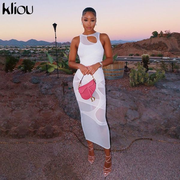 

kliou maxi dress women spring active irregular shape streetwear sleeveless skinny slim bodycon vestido sense of design, Black;gray