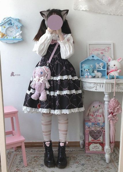 

casual dresses spring summer girl black pink lolita bowtie dress harajuku punk sweet preppy style temperament kawaii fashion mini, Black;gray