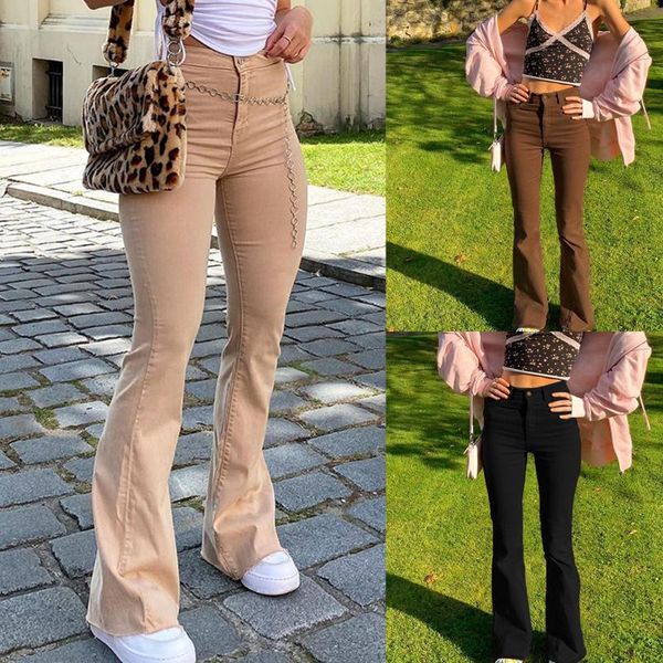 

women's pants & capris vintage brown women jeans autumn high waist solid color pocket elastic print flared slim denim streetwear, Black;white
