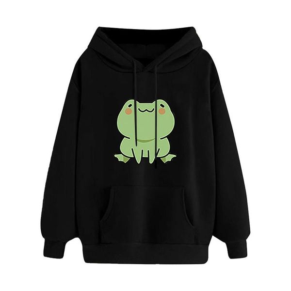 

women's hoodies & sweatshirts frog print loose pocket sweatshirt long sleeve hoodie pullover streetwear cute hip hop oversized blouse, Black