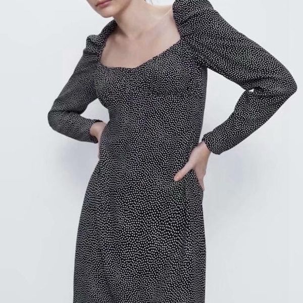 

casual dresses women square collar vintage dress broken flower print mini ladies long sleeve vestidos, Black;gray