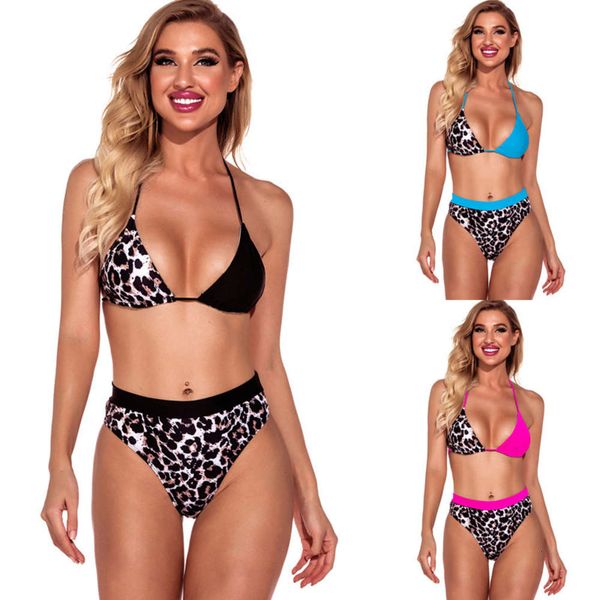 

women's split high waist leopard print color matching bikini swimsuit swimsuit, White;black