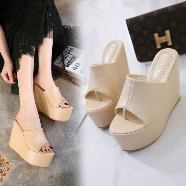 

concise women platform sandals high heels wedges summer apricot/black female shoes casual lady woman footwear