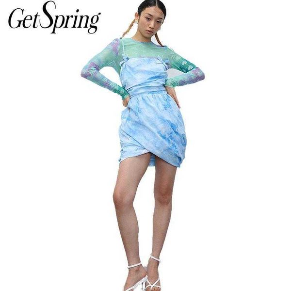 

getspring women dress cotton dye sky blue spaghetti strap es backless twist pleated mini all match ladies es 210601, Black;gray