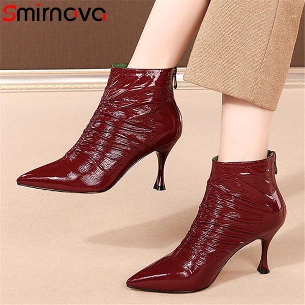 

boots smirnova pleated ankle boots women patent leather pointed toe autumn winter thin high heels party shoes woman1 f6oc, Black