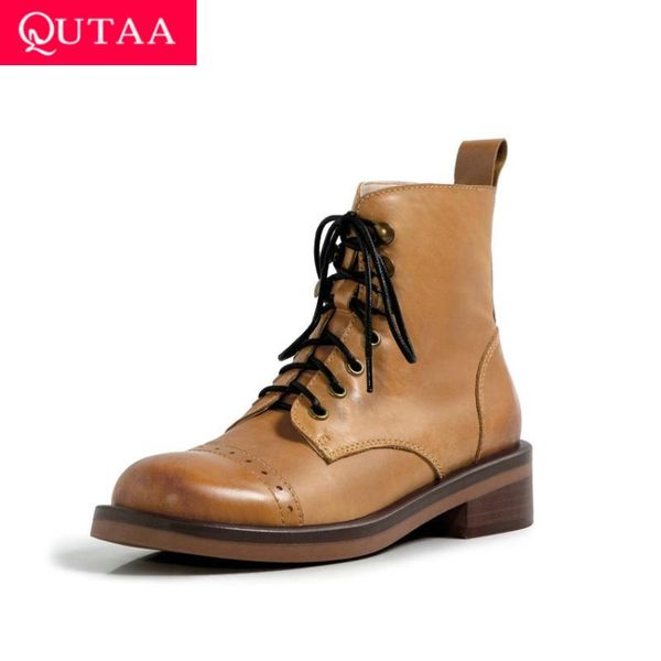 

boots qutaa 2022 keep warm winter ankle round toe lace up short genuine leather square med heel women shoes big size 34-39, Black
