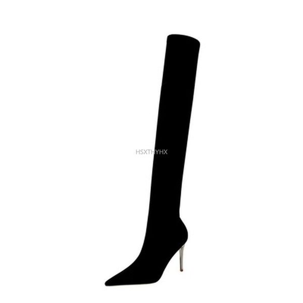 

boots fashion runway thin heel elastic sock women's breathable mesh over the knee pointed toe thigh high party shoes woman, Black