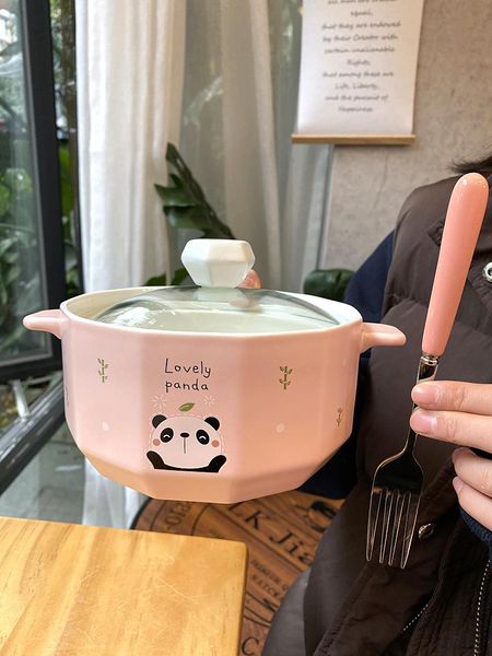 

japanese style cute panda bubble noodle bowl creative with cover two ear ceramic home eating student soup salad bowls