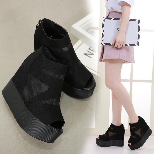 

10cm slope with super high heel sandals, waterproof platform, thick bottom, spring and summer style inner increase slippers, Black
