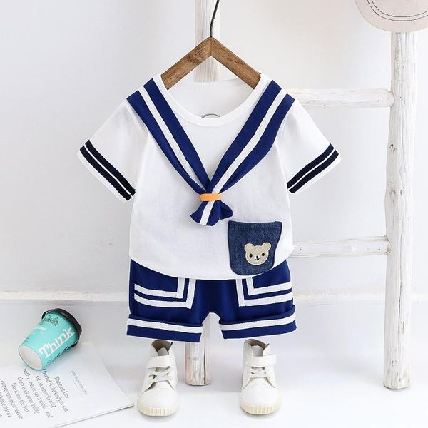 

summer navy style set girls boys cotton clothes short sleeve t-shirt + shorts for toddler kids baby costume cute suit, White