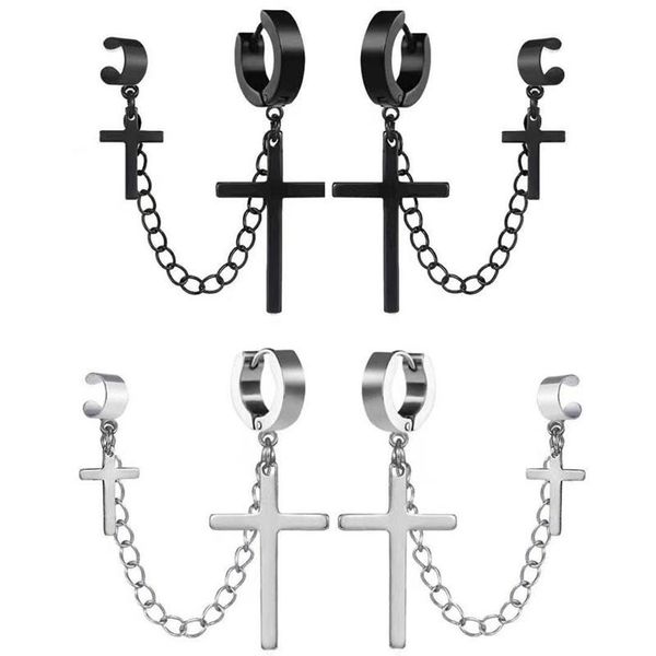 

dangle & chandelier kpop earrings cross chain ear clips for men women stainless steel black gothic hip hop teen eboy egirls, Silver