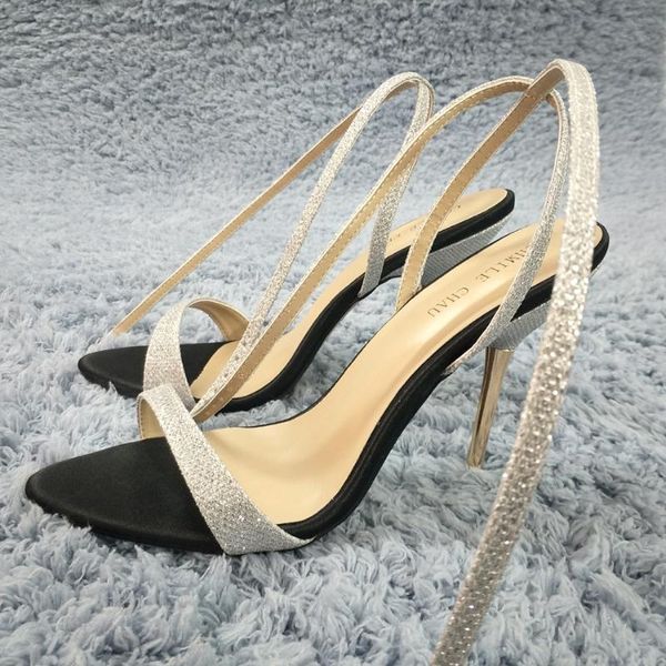 

women stiletto thin iron high heel sandals ankle strap open toe silver glittering party bridals wedding lady shoes 3845-i8, Black