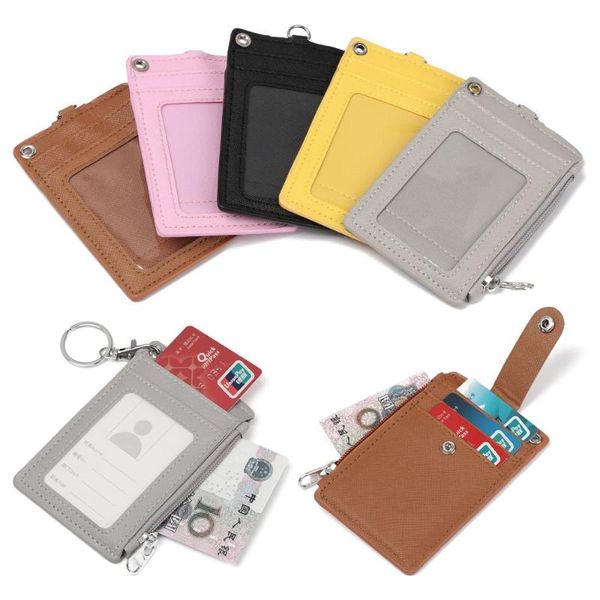 

card holders office work pu leather bus cards cover keychain wallet id holder coin purse, Brown;gray
