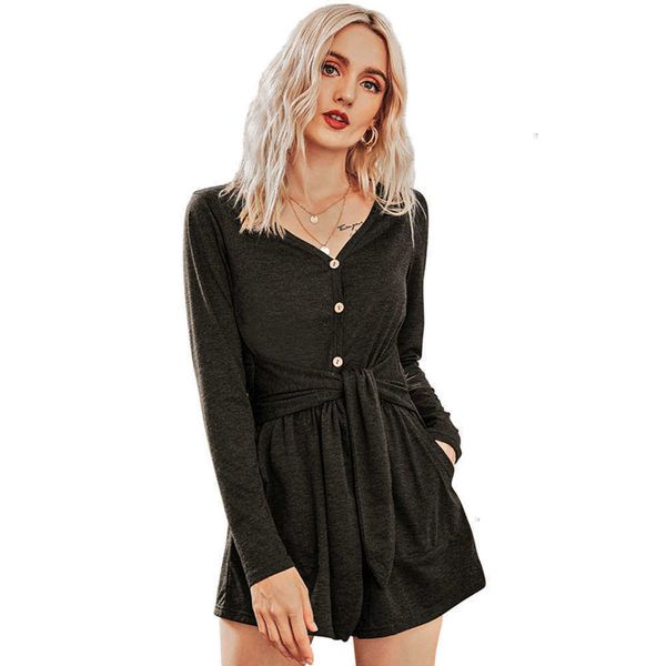 

dresses women's button casual long sve belt jumpsuit, Black;gray