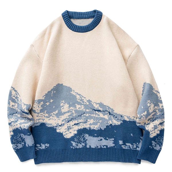 

men's sweaters harajuku snow mountain knitted sweater gradient embroidered pullovers hip hop streetwear retro knit pullover winter fq5u, White;black