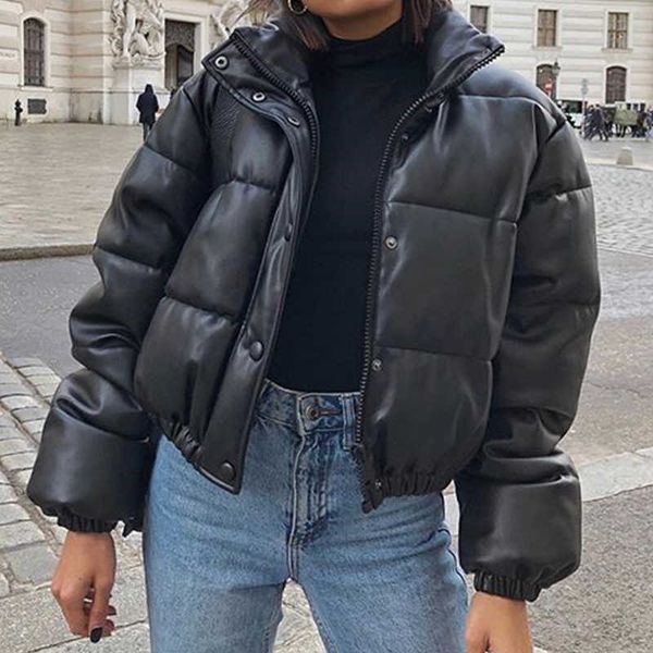 

faux lether warm puffer cropped black jacket women fall winter female down bubble coat turtleneck long sleeve thick parkas 211012