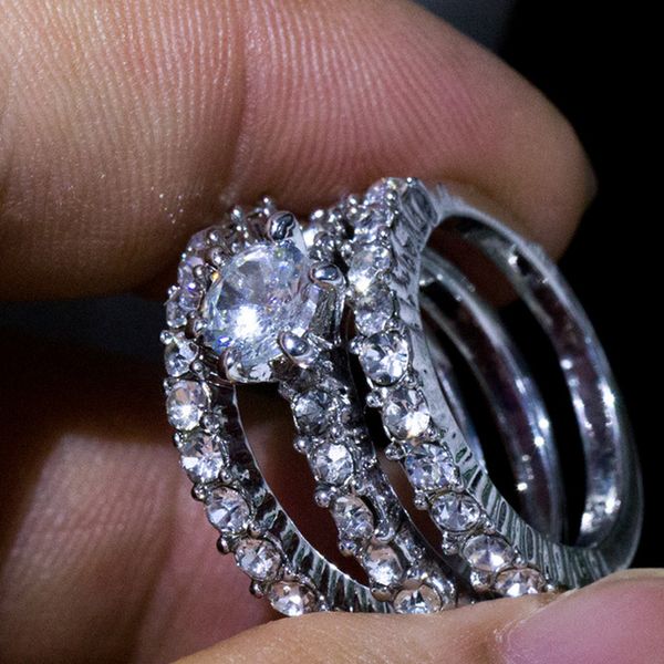 

women bling bling rhinestone 3 layer ring for wedding engagement gift for lover girlfriend size 6 7 8 9 10, Silver