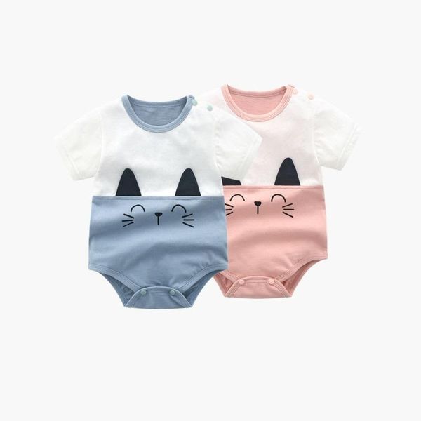

born infant baby romper summer skort-sleeve cotton splicing style cat pattern outfits bodysuit toddler girls boys clothes rompers, Blue