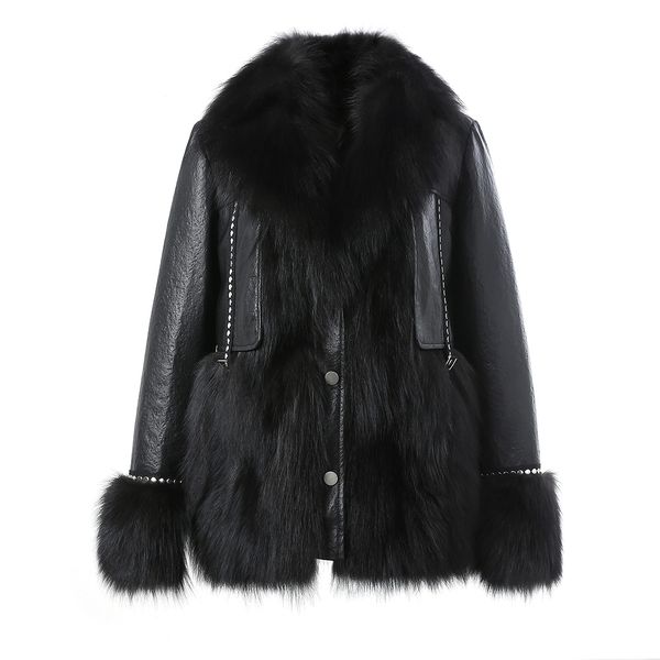 Mode Schwarz Leder Jacke Frauen Kleidung Echt Fox Pelz Mäntel Winter Warme Dame Oberbekleidung Echtes Schaffell S3504