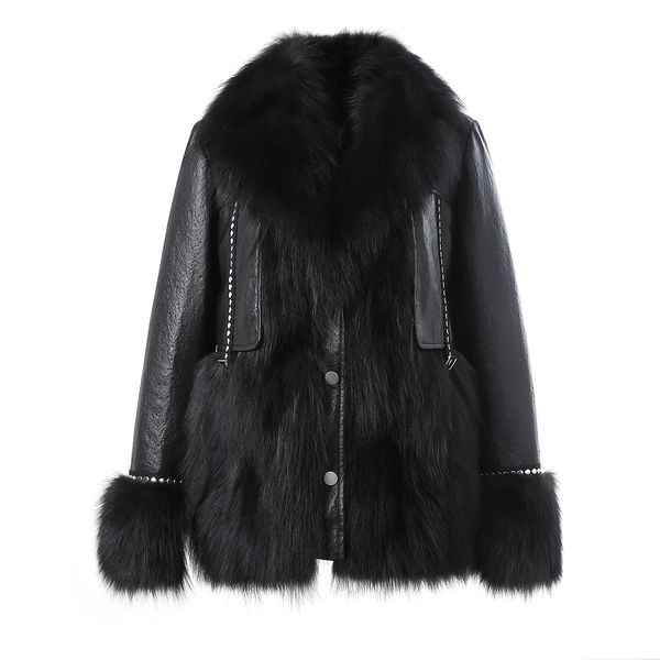 

fashion black leather jacket womens clothing real fox fur coats winter warm lady outerwear genuine sheepskin s3504