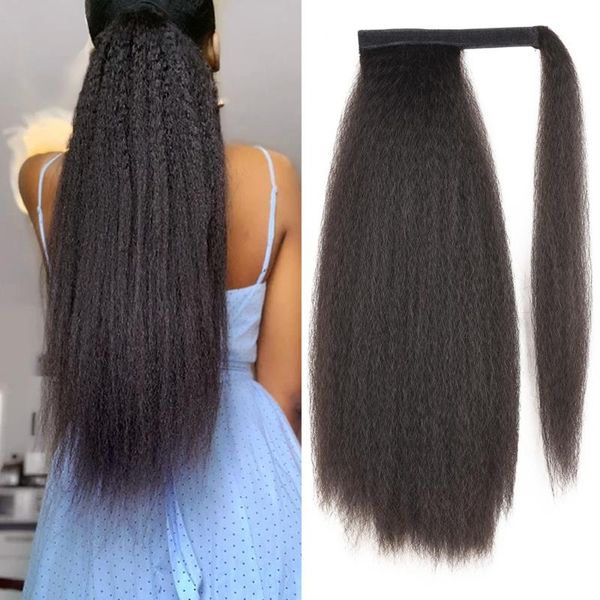 

synthetic wigs long afro puff ponytail hair kinky natural straight drawstring ponytails with clip elastic band for women, Black