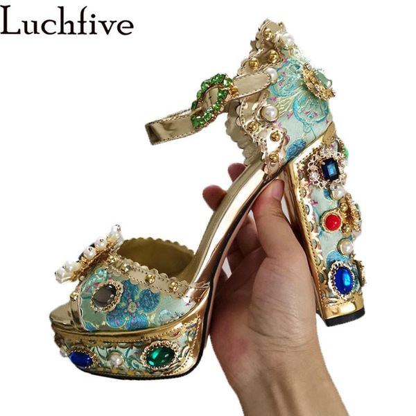 

bohemia luxury bride shoes women jewellery rhinestone chunky high heel sandals embroidery platform buckle party woman, Black